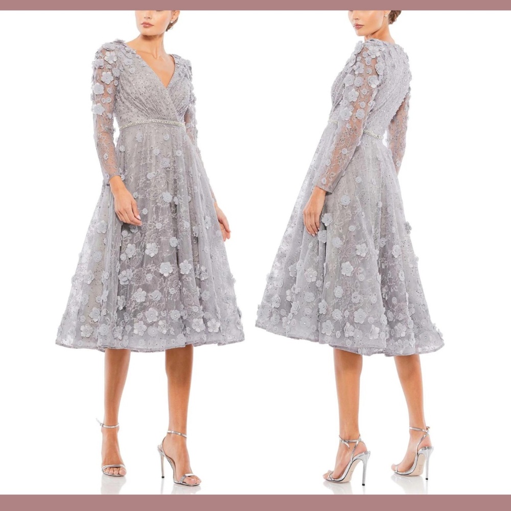 NWT $538 Mac Duggal [ 14‎ ] Floral Embellished Lace A-Line Dress Sterling Silver